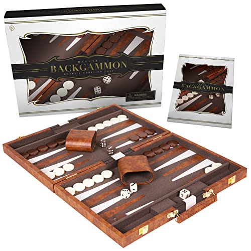 Crazy Games Backgammon Set - 2 players Classic Backgammon Sets for Adults Board Game with Premium Leather Case - Best Strategy & Tip Guide (Brown, Medium)