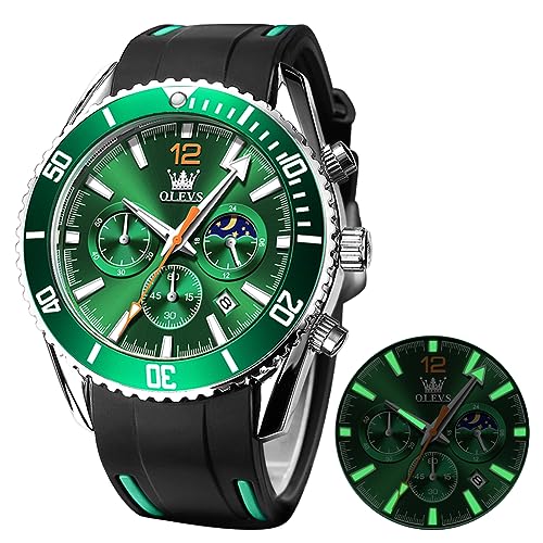 OLEVS Green Watch for Men Military Sport Large Waterproof Moon Phase Watch Luminous Red Silicon Strap Casual Watches for Men Reloj De Hombre Business Male Wrist Watch, YPF-S-G9916-HV