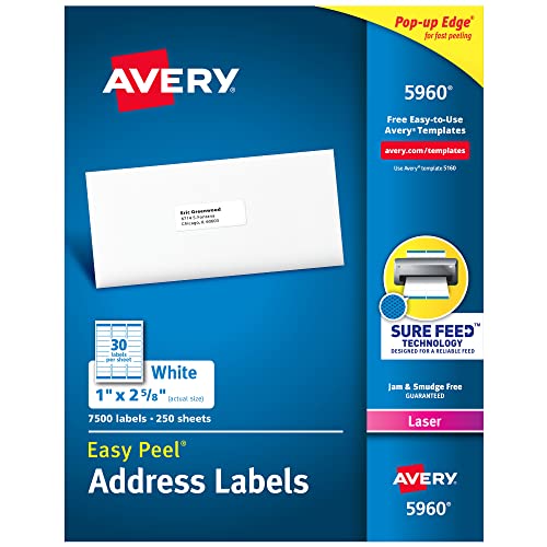 Avery Easy Peel Printable Address Labels with Sure Feed, 1' x 2-5/8', White, 7,500 Blank Mailing Labels (05960)