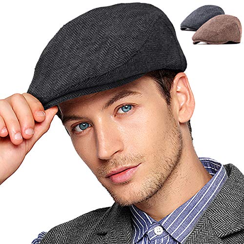 LADYBRO 2 Pack Black+Brown Wool Newsboy Cap - Men Hat Tweed Driving Scally Cap Ivy Hat Gift for Men Size: 7 1/4, fits hc 21 5/8' - 22 3/4'