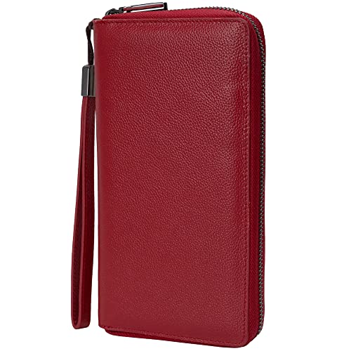 Bveyzi Women RFID Blocking Wallet Leather Zip Around Phone Clutch Large Capacity Ladies Travel Purse Wristlet (Wine Red)