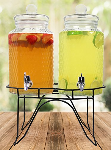 Estilo Glass Drink Dispensers for Parties, Set of 2, 1 Gallon Hammered Glass Jar Beverage Dispensers, Glass Water Dispenser Countertop for Weddings, Sun Tea Jar, Lemonade & Laundry Detergent Dispenser