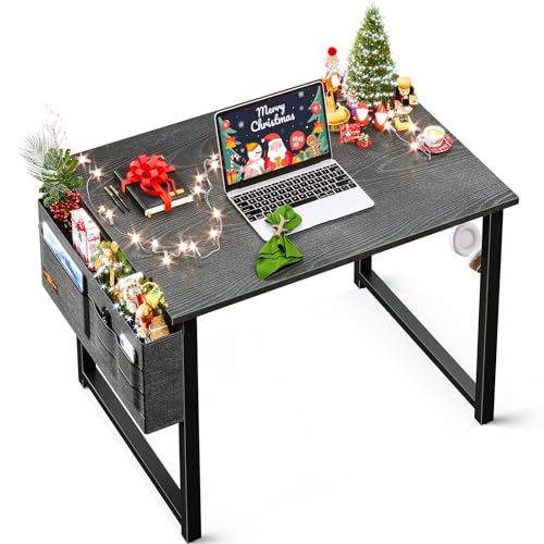 ODK 32 inch Small Computer Desk Study Table for Small Spaces Home Office Student Laptop PC Writing Desks with Storage Bag Headphone Hook, Espresso Gray