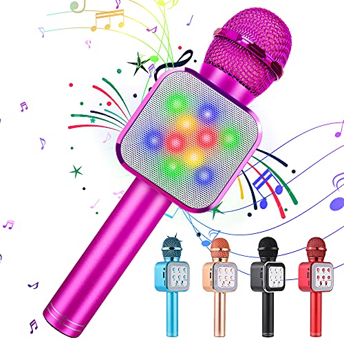 KIDWILL Wireless Bluetooth Karaoke Microphone for Kids, 5-in-1 Portable Handheld Karaoke Mic Speaker Player Recorder with LED Lights for Kids Girls Boys Teens Birthday (1818-Hot Pink)