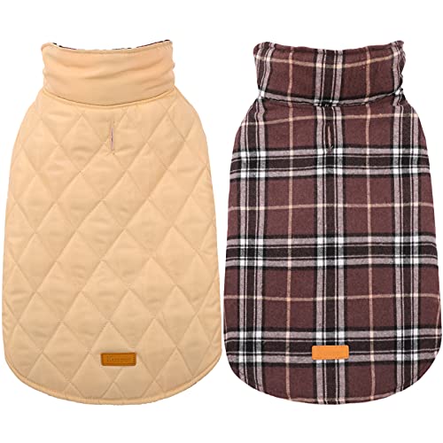 Kuoser Warm Dog Coat, Reversible Dog Jacket Waterproof Dog Winter Coat British Style Plaid Dog Clothes Pet Dog Cold Weather Coats Cozy Snow Jacket Vest for Small Medium Large Dogs Brown XS