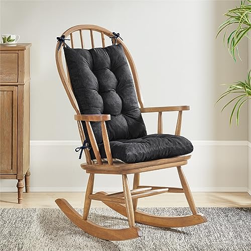 Rocking Chair Cushion, Indoor Outdoor Rocker Cushions Set, Water Resistant Seat Pads with High Back, 2 Piece Lower No Slip/Upper with Ties, Memory Foam Added Black