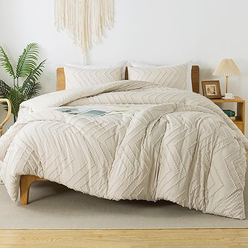 Litanika Beige King Size Comforter Set with Sheets - 7 Pieces Bed in a Bag King Boho Tufted Complete Beddding Sets with Comforter, Sheets, Pillowcases & Shams