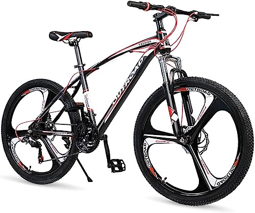 Max4out 26/27.5 inch Mountain Bike, Aluminum/Carbon Steel Frame, 21-Speed Dual Disc Brake MTB with Lock-Out Suspension Fork, Nomal/3 Spokes Wheels Bicycles for Men and Women(Black red)