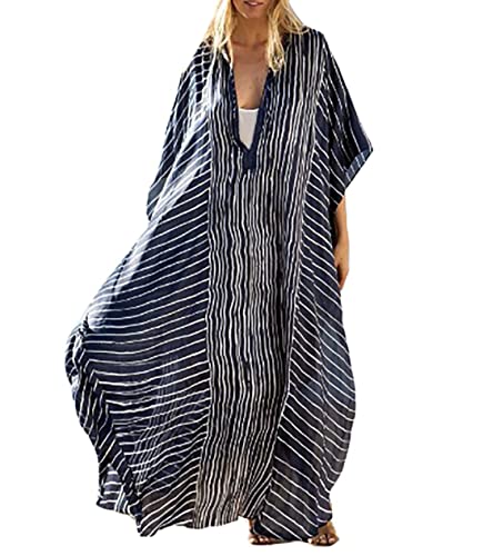 Bestyyou Women's Printed Long Caftans Swimsuit Cover Up Loungewear Ethnic Kaftan Maxi Beach Dress Swimwear Beachwear (Striped A)