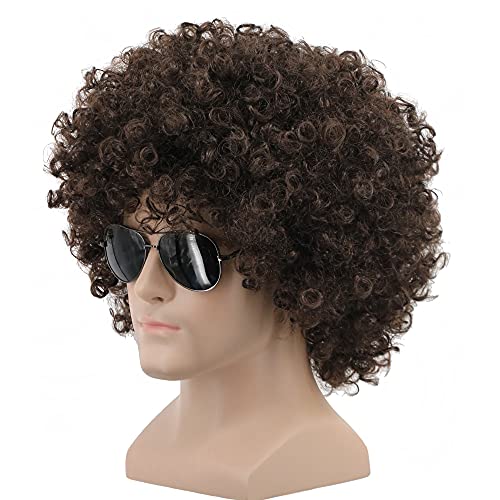 yuehong Short Fluffy Disco Afro Wigs Synthetic Anime Cosplay Fancy Funny Wigs for Unisex Men Women (Dark Brown)