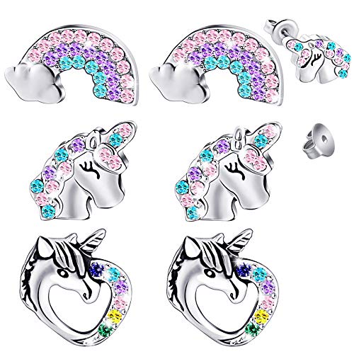 3 Pairs Back to School Unicorn Earrings Girls Glitter Unicorn Stud Earrings First Day of School Heart Rainbow Earrings Set for Little Girls Daughter Birthday Party (Silver)