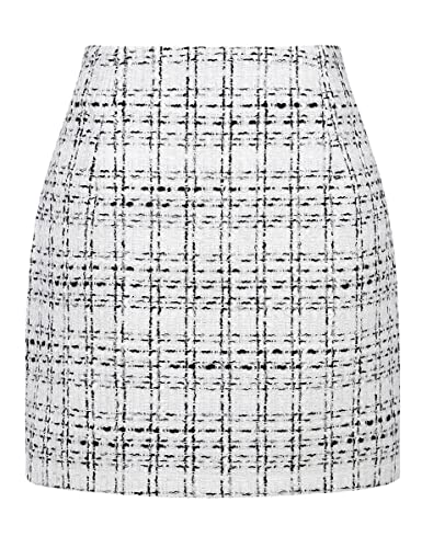 IDEALSANXUN White Skirt for Women Houndstooth Gingham Checkered High Waisted Office Business Work Teacher Cute Short Mini Wool Tweed Skirt, White, S