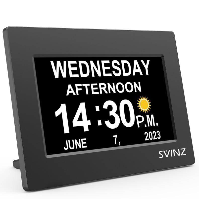 SVINZ Dementia Clock for Seniors, Large Number Digital Calendar Clock with Date and Day of Week for Elderly Alzheimer, 20 Custom Alarms and Tags（Black）