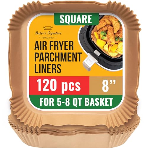 Air Fryer Liners, 120Pcs Disposable Airfryer Parchment Paper Liners – Non-Stick and Oil Proof for Easy Cleanup – 8” Square for 5-8 qt Basket by Baker's Signature
