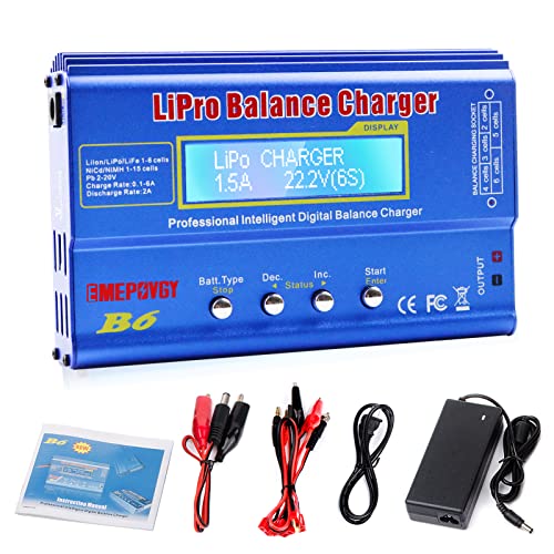 B6 Lipo Battery Balance Charger 80W 6A Discharger for NiMH/NiCd (1-15S) LiPo/Li-ion/Life Battery (1-6S) RC Hobby Batteries Balance Charger with AC Power Supply