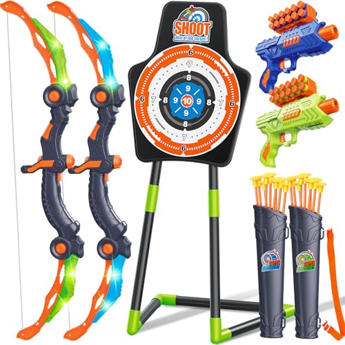 GMAOPHY Bow and Arrow for 5 6 7 8 9 10 11+ Year Old Boys, Birthday Gift for Kids, Indoor Outdoor Activity Toys, 2 Pack LED Light Up Archery Toy with 20 Suction Cup Arrows, Standing Target, 2 Quiver