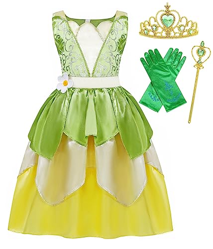 COTRIO Little Girls Green Fairy Tale Frog Princess Tiana Dress Kids Birthday Party Fancy Dresses Halloween Costume Outfits Role Play Clothes Size 4T (3-4 Years, Green)