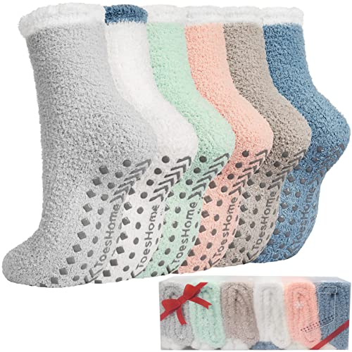 Fuzzy Slipper Socks for Women, Grip Socks Thick Winter Fluffy Socks Womens Cozy Warm Plush Hospital Socks Non Slip Footies 6 Pairs