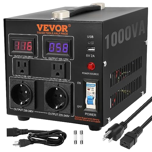 VEVOR Voltage Converter Transformer, 1000W, Heavy Duty Step Up/Down Transformer, Convert from 110 Volt to 220 Volt and from 220 Volt to 110 Volt, with US Outlet EU Outlet 5V USB Port, CE Certified