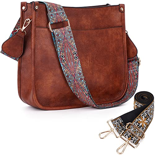 HKCLUF Crossbody Bags for Women Trendy Designer Vegan Leather Hobo Handbags With 2 Adjustable Boho Embroidery Guitar Strap Crossbody Bucket Purse(Dark Brown)