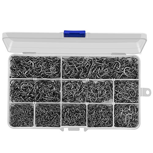 HETH 2000pcs Fishing Worm Hooks High Carbon Steel Wide Gap Offset Fishing Hook Set for Saltwater and Freshwater with 10 Sizes