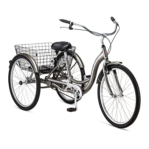 Schwinn Meridian Adult Tricycle Bike, Mens and Womens Three Wheel Beach Cruiser, 26-Inch Wheels, Low Step-Through Frame, Wide Seat, Rear Folding Basket, Single-Speed, Silver