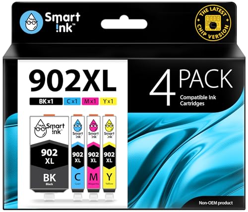 Smart Ink Compatible Ink Cartridge Replacement for HP 902 XL 902XL (4 Combo Pack) to use with Officejet Pro 6978 6968 6974 6975 6960 Officejet 6951 6954 6956 6958 Printers