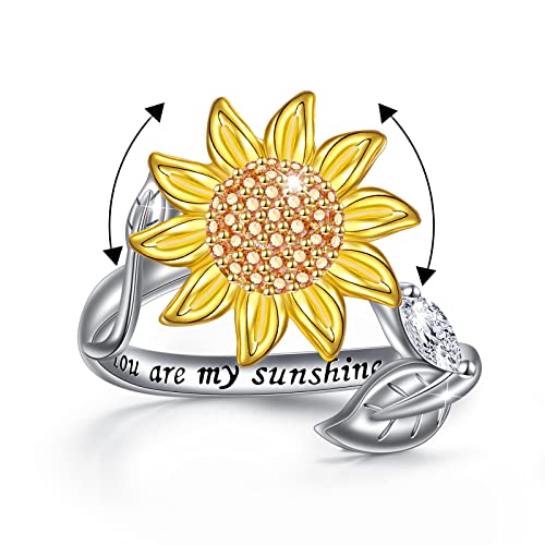 Ladytree Spinner Sunflower Ring Sterling Silver You Are My Sunshine Anxiety Relieving Ring Fidget ADHD Stress Relief Ring for Women Girls Size 6