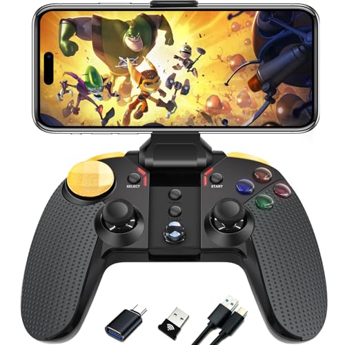 Wuzcon Wireless Controller for iOS, Android, Switch, PC, TV Box, Tesla, Apple Arcade MFi & Cloud Gaming. with Bluetooth/Phone Clip/2.4G Receiver/USB-C Adapter/Turbo/Vibration/6-Axis Gyro/Extra Dpad
