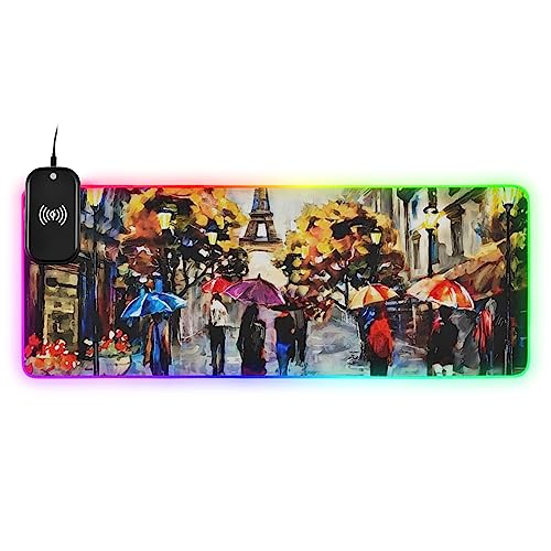 Paris Street Artwork Wireless Charging Mouse Pad for Mobile Phone Extra Large Gaming Mousepad with 13 Lighting Modes Extended Desk Mat for Gaming MacBook PC Laptop Desk Home Office