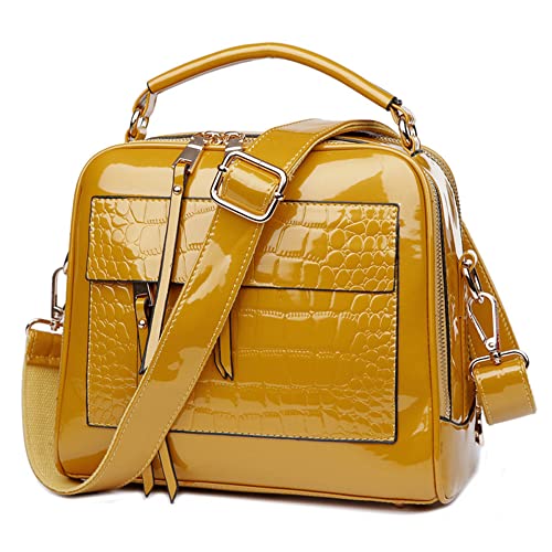 ZiMing Handbag for Women Shiny Leather Crossbody Bag Crocodile Pattern Top Handle Handbag Purse with Long shoulder Strap-Yellow