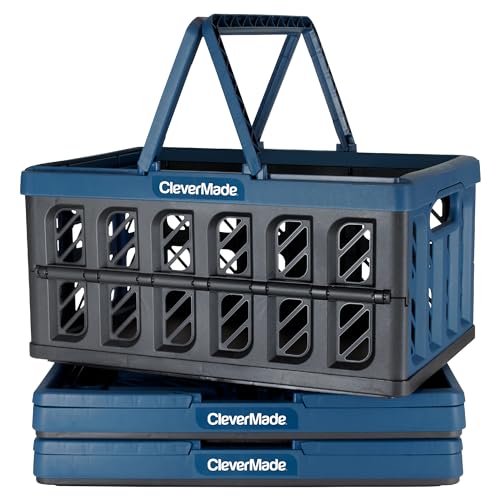 CleverMade Eco 24L Collapsible Reusable Plastic Grocery Shopping Baskets; Small Foldable Storage Crates with Handles, 3 Pack, Ocean