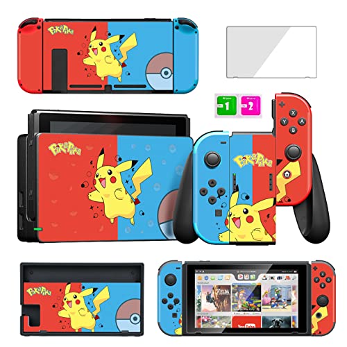 oqpa for Nintendo Switch Skin Cute Kawaii Cartoon Character Design Sticker, Fun Funny Fashion Cool Switch Game Skins for Girls Boys Kids Stickers+Tempered Glass Film for Nintendo Switch Red Blue Pikac
