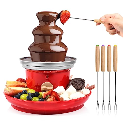 Chocolate Fountain, 3-Tier Mini Chocolate Fountain Machine with 4PCS Forks and Removal Serving Tray, Stainless Steel Electric Chocolate Fondue Fountain for Nacho Cheese, BBQ Sauce, Syrup, 20 OZ