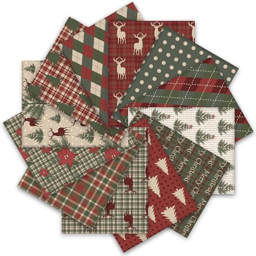 Whaline 12Pcs Christmas Cotton Fabric Bundles Woodland Poinsettia Reindeer Tree Printed Fat Quarters Plaid Xmas Sewing Fabrics for DIY Handmade Crafting, 18 x 22 Inch