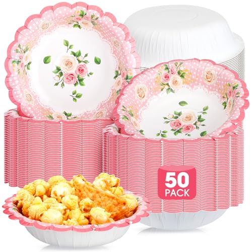 Domensi 50 Pcs Floral Paper Tea Bowls 12 oz Tea Party Decorations Vintage Floral Disposable Bowls for Hot Cold Food Serving Salad Soup Girl Birthday Baby Shower Wedding Spring Supply(Pink)