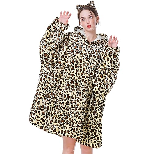 Aemicion Oversized Wearable Blanket,Cozy Hoodie Blanket,Warm Thick Sherpa Sweatshirte Blanket Hoodie,Gifts for Women Girls Adult-Leopard