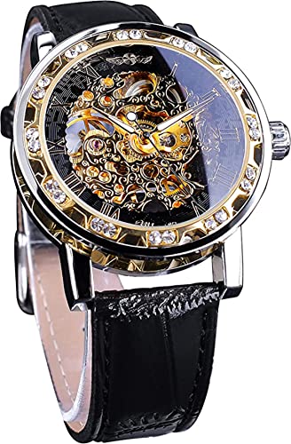 Luxury Retro Automatic Mechanical Skeleton Wrist Watch Diamond Carving Flower Craft Men Business Dress Watch with Roman Number Bracelet Watch