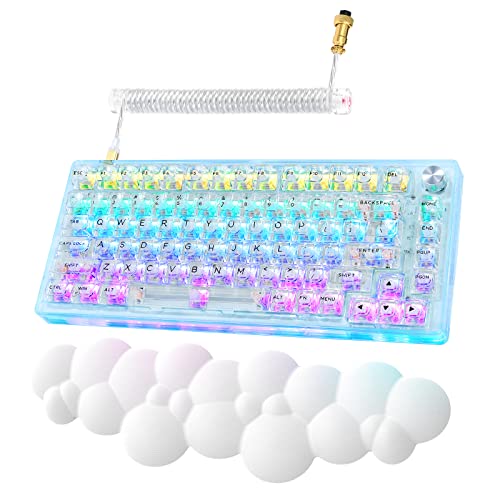 MK32 82-Key Hot Swappable Wired Mechanical Keyboard with Transparent Keycaps, RGB Backlit Custom Gaming Keyboard with Coiled Usb C Cable & Cloud Keyboard Wrist Rest, Rotary Knob for Windows/Mac