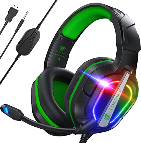 Fachixy [2023 New FC200 Gaming Headset for PS4/PS5/PC/Xbox One, Noise Canceling Headset with Stereo Microphone Sound, Computer Headset with 3.5mm Jack & RGB Light