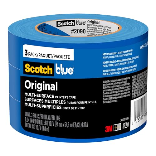 ScotchBlue Original Multi-Surface Painter's Tape, 0.94 Inches x 60 Yards, 3 Rolls, Blue, Paint Tape Protects Surfaces and Removes Easily, Multi-Surface Painting Tape for Indoor and Outdoor Use
