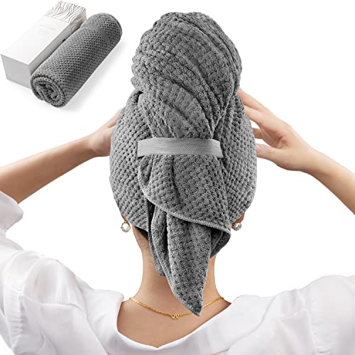 YFONG Microfiber Hair Towel Wrap for Women - Fast Drying Turbans for Long, Thick, Curly Hair - Super Soft Hair Wrap Towels with Elastic Strap, Dark Gray