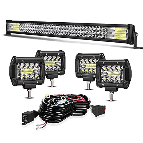 TURBO SII - LED Light Bar 32 Inch 441W Triple Row Flood Spot Combo Beam Offroad Driving Light 4Pcs 4 Inch 60W LED Cubes Lights with 3-Leads Wiring Harness for Jeep Trucks ATV UTV Polaris SUV Boats