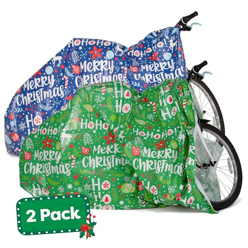 Bike Gift Bag 2 Pack - Giant Christmas Gift Bags for Huge Gifts - 72”x60” Bicycle Oversized Jumbo Extra Large Xmas Present Gift Bags Plastic Wrapping Sack - Heavy Duty Pack with Tags & String Ties