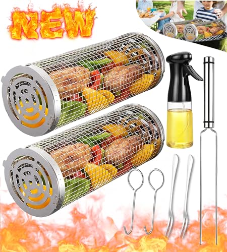 Rolling Grilling Baskets for Outdoor Grill Bbq Net Tube Stainless Steel Large Round Mesh Barbecue Cylinder Cage Cooking Accessories for Veggies Vegetable Fish Camping, Gift for Men Dad Husband Him