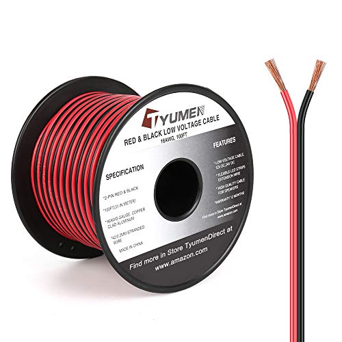 TYUMEN 100FT 16 Gauge 2pin 2 Color Red Black Cable Hookup Electrical LED Strips Extension 12V/24V DC 16AWG Flexible Wire Extension Cord for Ribbon Lamp Tape Lighting