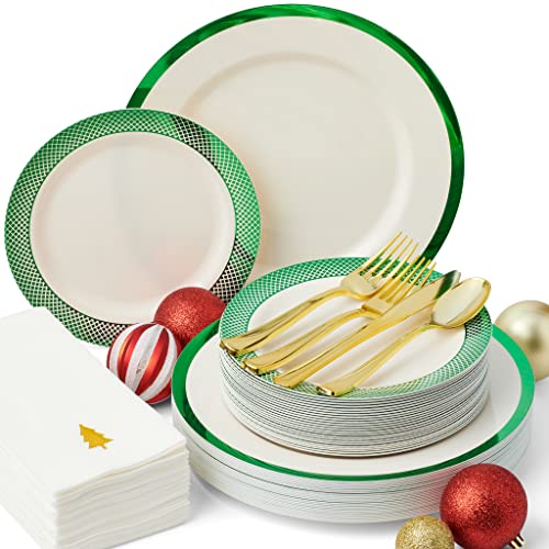 BY MADEE 175 Pcs Christmas Plates and Napkins Disposable Dinnerware Set for 25 Guests | Elegant Ivory Green Plates with Silverware & Holiday Napkins | Plastic Plates for Party (Heavyweight)