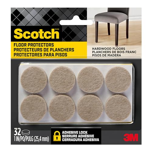 Scotch Felt Pads 32 PCS Beige, Felt Furniture Pads for Protecting Hardwood Floors, 1' Round, Easy-to-apply, Self-Stick design, Reliable protection from nicks, dents and scratches (SP802-NA)