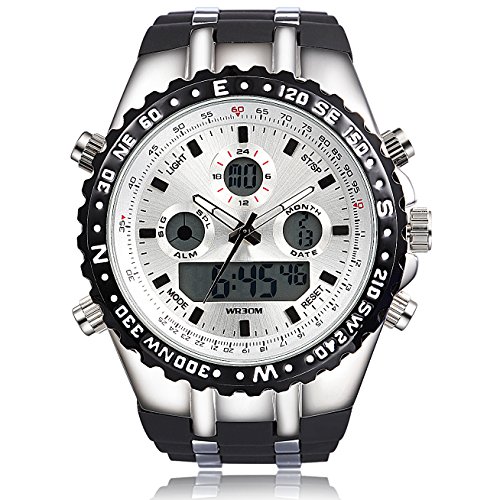 Readeel Military Men Sports Watch Silicone Watch LED Light Dual-display Mens Watches, White Dial