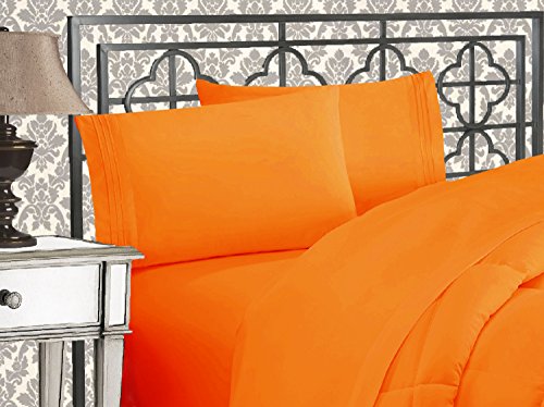 Elegant Comfort Luxurious 1500 Premium Hotel Quality Microfiber Three Line Embroidered Softest 4-Piece Bed Sheet Set, Wrinkle and Fade Resistant, Queen, Orange